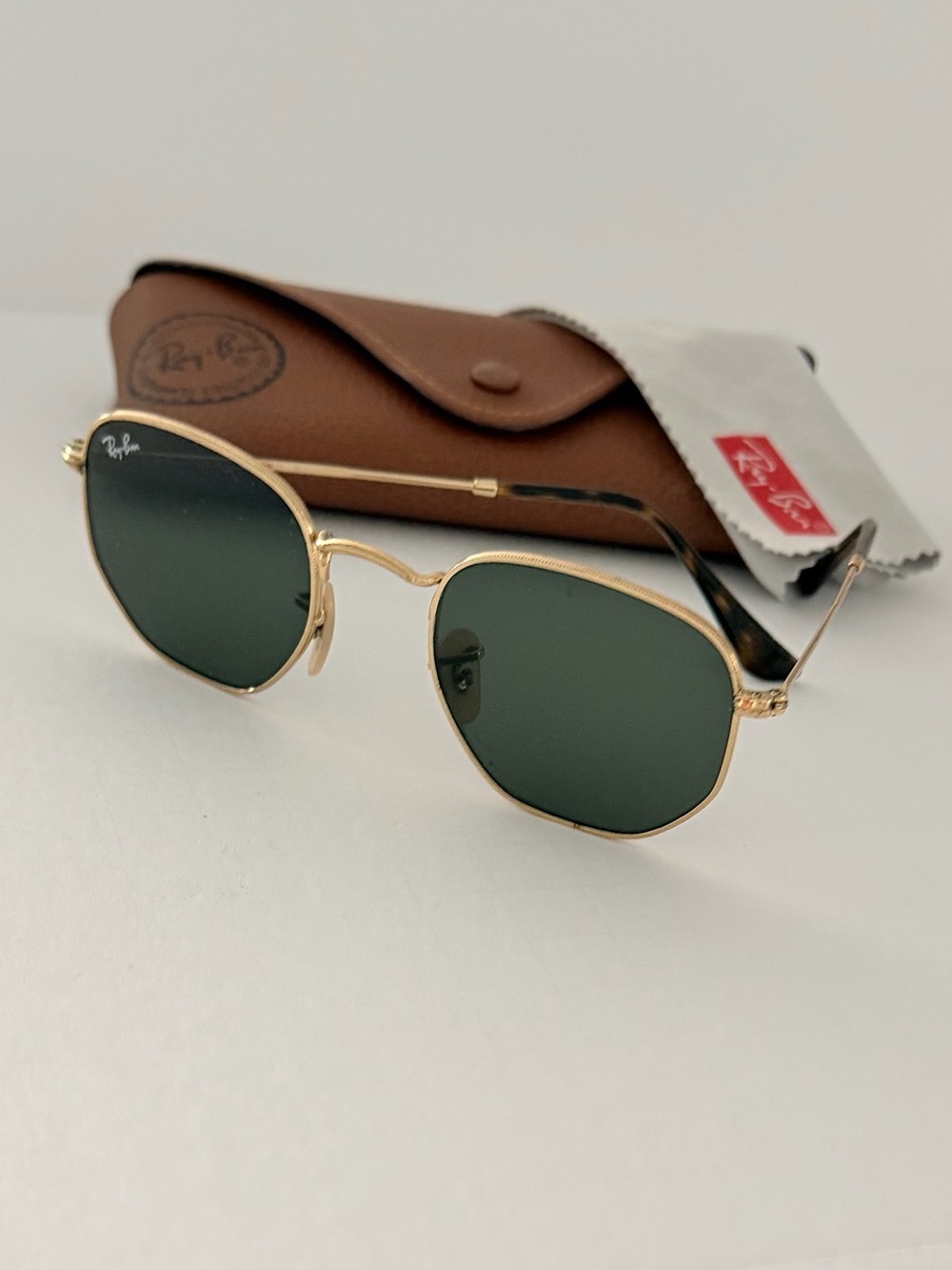Ray-Ban Gold Frame Sunglasses with Green Lenses and Brown Case